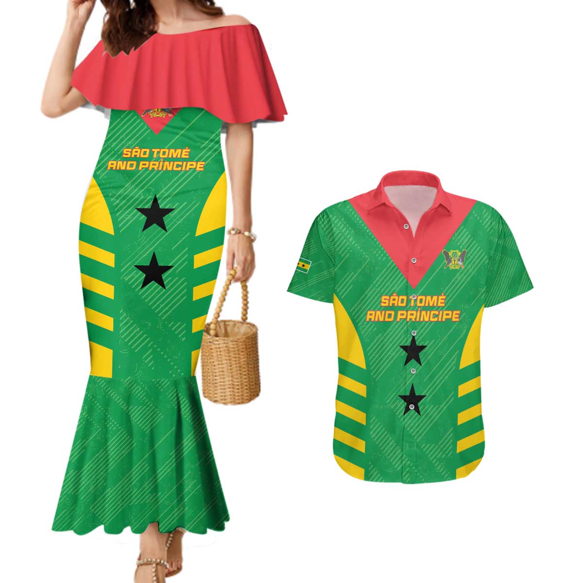Custom Sao Tome and Principe Football Couples Matching Mermaid Dress and Hawaiian Shirt Go Champions - Green Ver