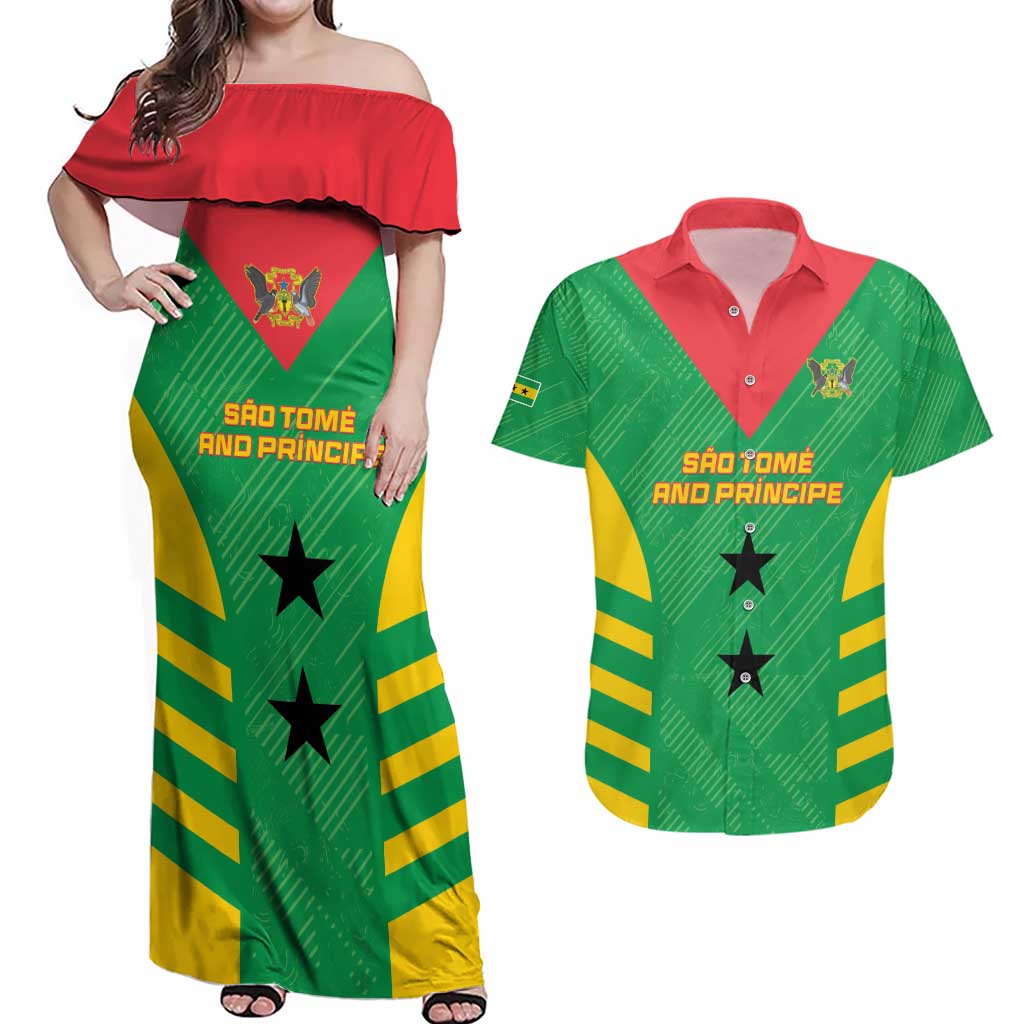 Custom Sao Tome and Principe Football Couples Matching Off Shoulder Maxi Dress and Hawaiian Shirt Go Champions - Green Ver