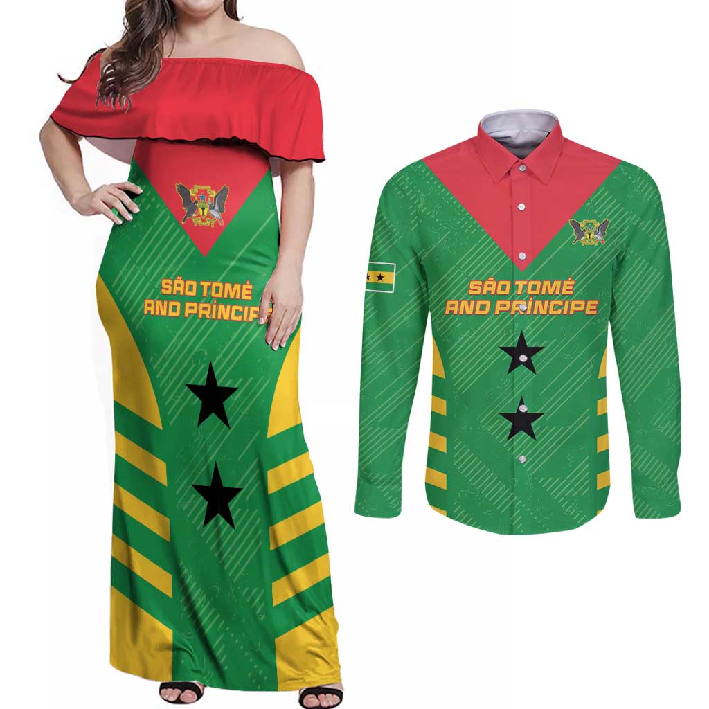 Custom Sao Tome and Principe Football Couples Matching Off Shoulder Maxi Dress and Long Sleeve Button Shirt Go Champions - Green Ver
