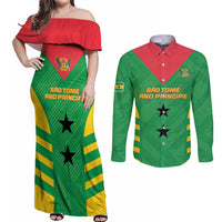 Custom Sao Tome and Principe Football Couples Matching Off Shoulder Maxi Dress and Long Sleeve Button Shirt Go Champions - Green Ver