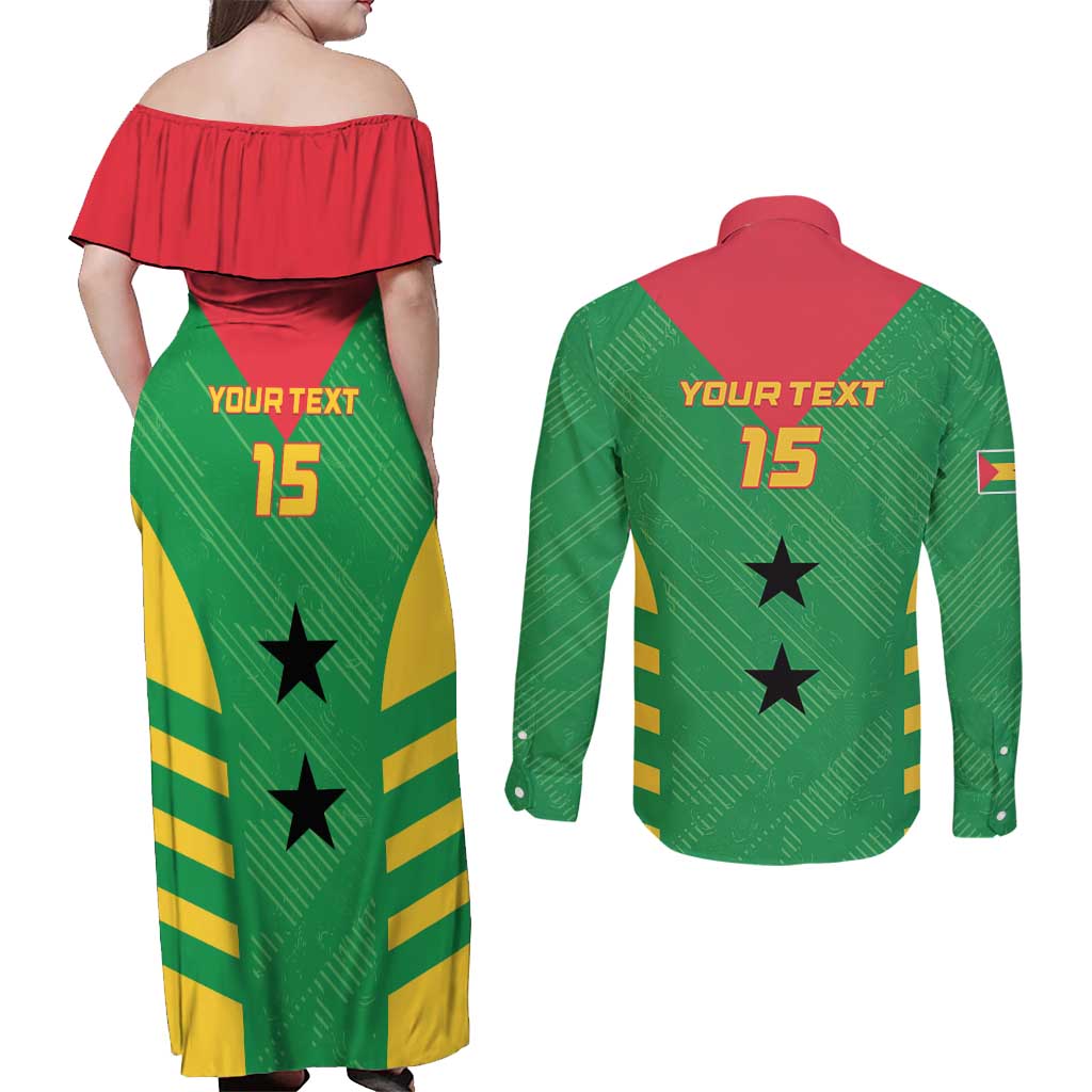 Custom Sao Tome and Principe Football Couples Matching Off Shoulder Maxi Dress and Long Sleeve Button Shirt Go Champions - Green Ver