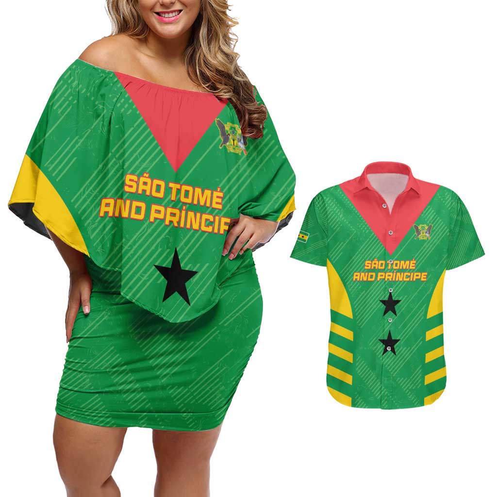 Custom Sao Tome and Principe Football Couples Matching Off Shoulder Short Dress and Hawaiian Shirt Go Champions - Green Ver