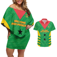 Custom Sao Tome and Principe Football Couples Matching Off Shoulder Short Dress and Hawaiian Shirt Go Champions - Green Ver