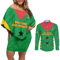 Custom Sao Tome and Principe Football Couples Matching Off Shoulder Short Dress and Long Sleeve Button Shirt Go Champions - Green Ver