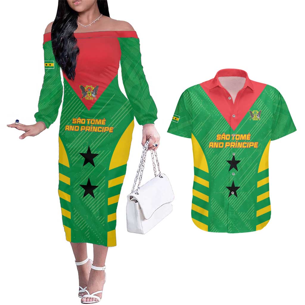 Custom Sao Tome and Principe Football Couples Matching Off The Shoulder Long Sleeve Dress and Hawaiian Shirt Go Champions - Green Ver