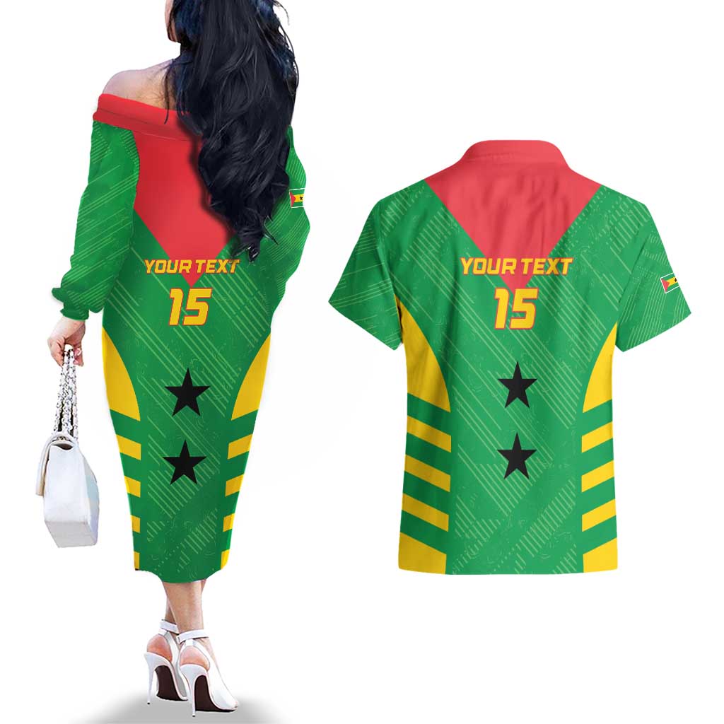 Custom Sao Tome and Principe Football Couples Matching Off The Shoulder Long Sleeve Dress and Hawaiian Shirt Go Champions - Green Ver