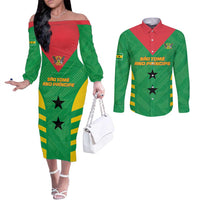 Custom Sao Tome and Principe Football Couples Matching Off The Shoulder Long Sleeve Dress and Long Sleeve Button Shirt Go Champions - Green Ver