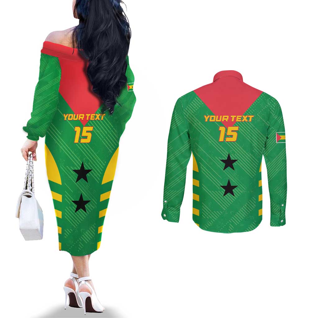 Custom Sao Tome and Principe Football Couples Matching Off The Shoulder Long Sleeve Dress and Long Sleeve Button Shirt Go Champions - Green Ver