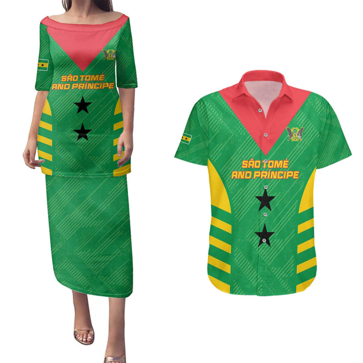 Custom Sao Tome and Principe Football Couples Matching Puletasi and Hawaiian Shirt Go Champions - Green Ver