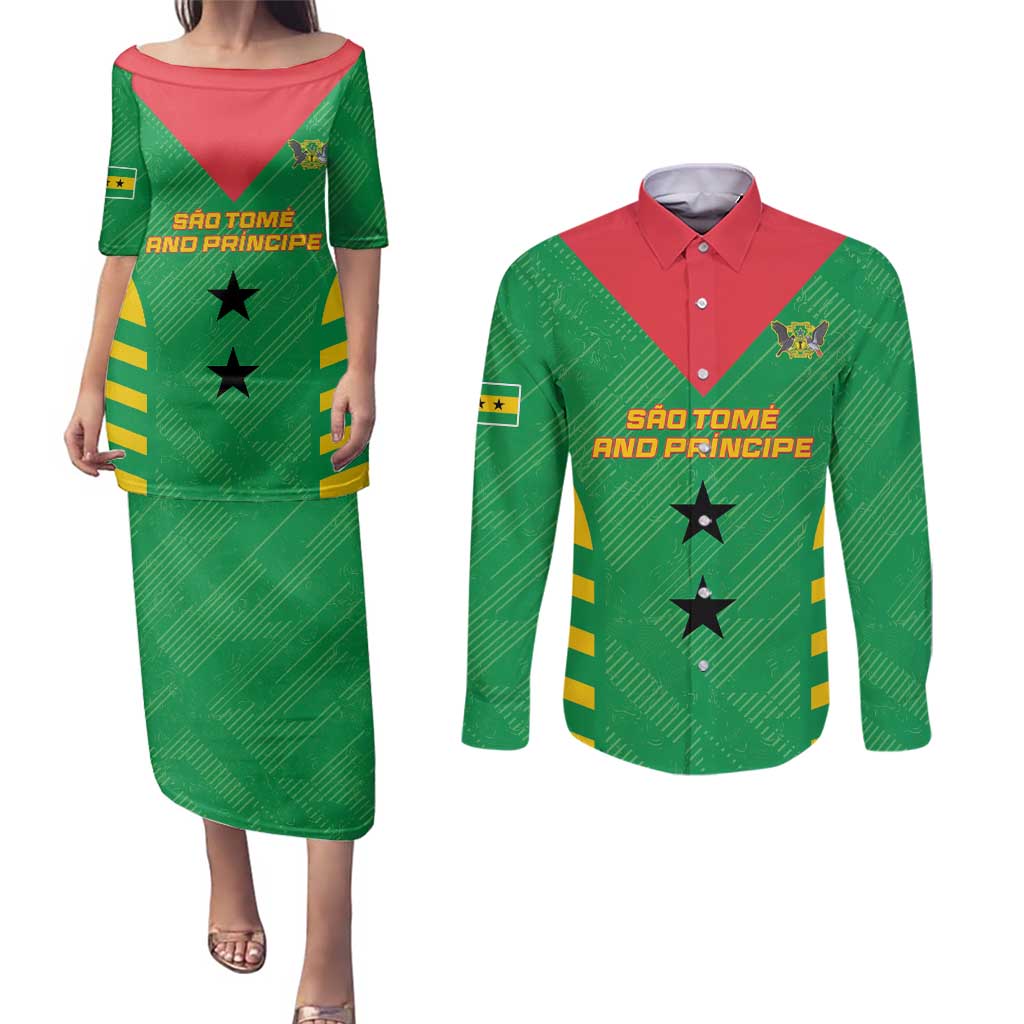 Custom Sao Tome and Principe Football Couples Matching Puletasi and Long Sleeve Button Shirt Go Champions - Green Ver