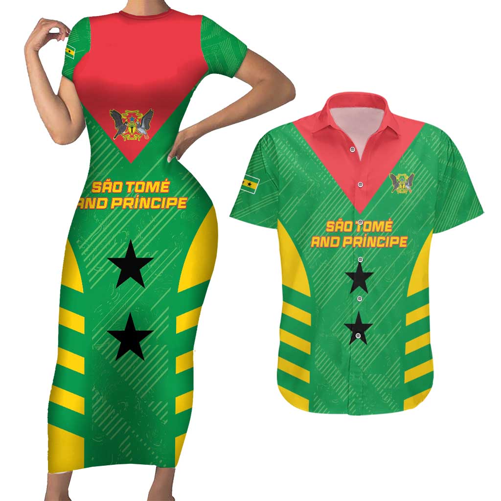 Custom Sao Tome and Principe Football Couples Matching Short Sleeve Bodycon Dress and Hawaiian Shirt Go Champions - Green Ver