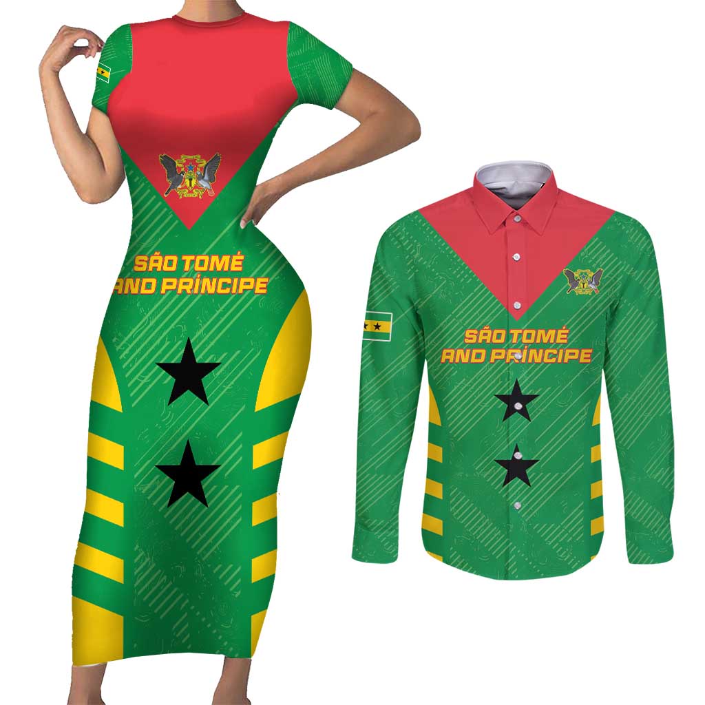 Custom Sao Tome and Principe Football Couples Matching Short Sleeve Bodycon Dress and Long Sleeve Button Shirt Go Champions - Green Ver