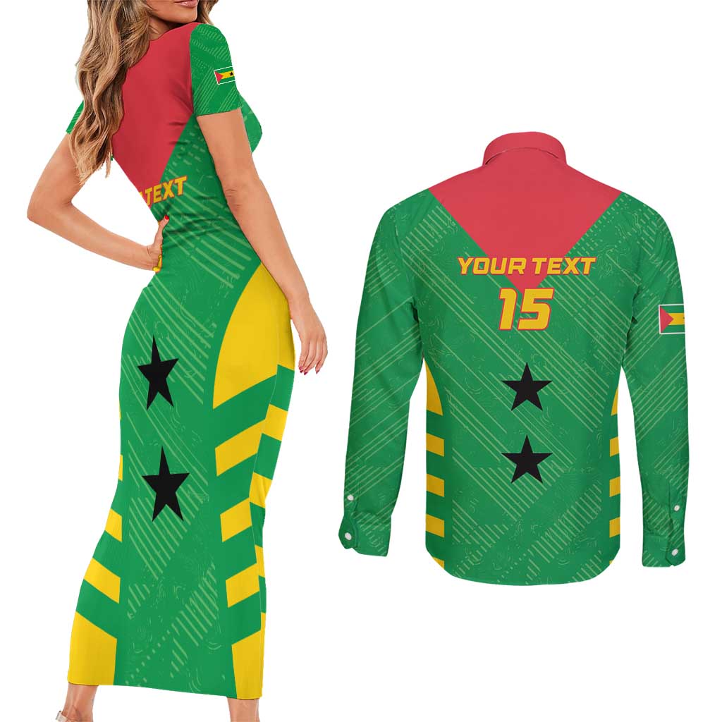 Custom Sao Tome and Principe Football Couples Matching Short Sleeve Bodycon Dress and Long Sleeve Button Shirt Go Champions - Green Ver