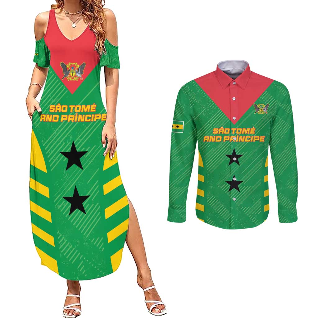 Custom Sao Tome and Principe Football Couples Matching Summer Maxi Dress and Long Sleeve Button Shirt Go Champions - Green Ver