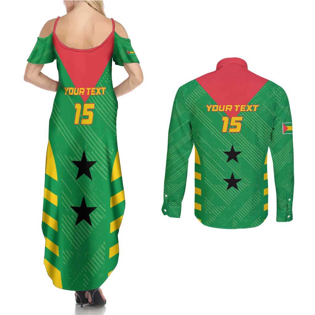 Custom Sao Tome and Principe Football Couples Matching Summer Maxi Dress and Long Sleeve Button Shirt Go Champions - Green Ver