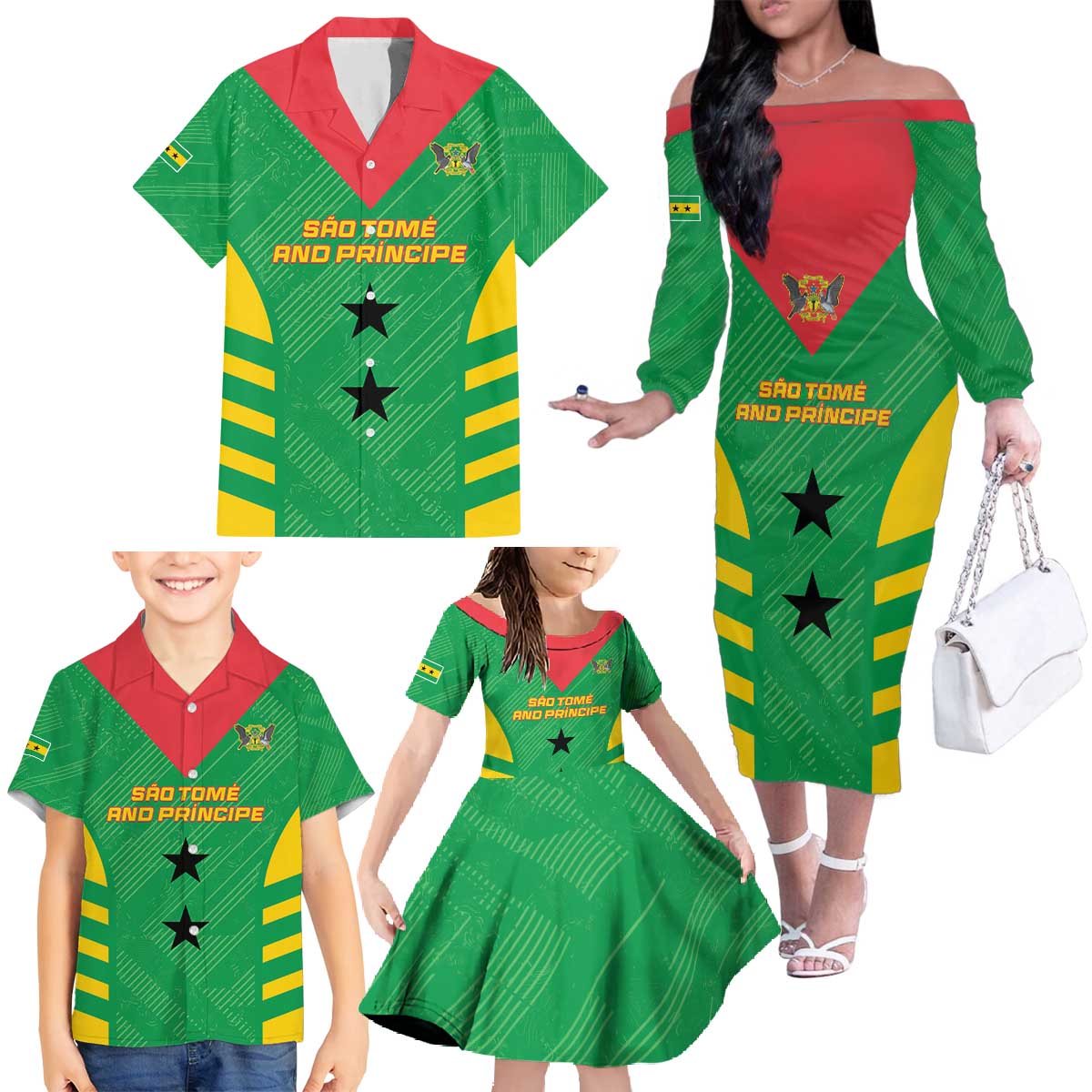 Custom Sao Tome and Principe Football Family Matching Off The Shoulder Long Sleeve Dress and Hawaiian Shirt Go Champions - Green Ver