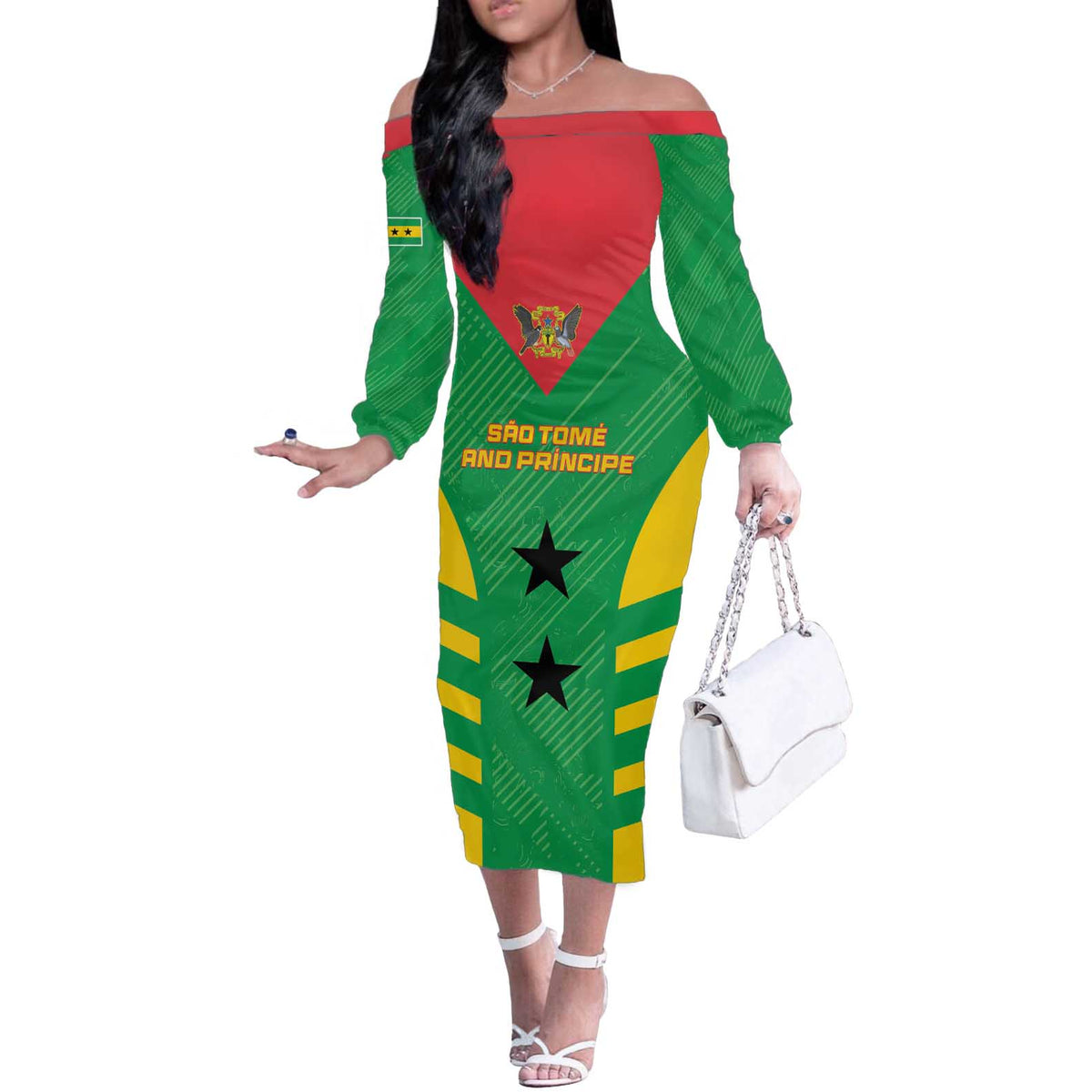 Custom Sao Tome and Principe Football Off The Shoulder Long Sleeve Dress Go Champions - Green Ver - Wonder Print Shop