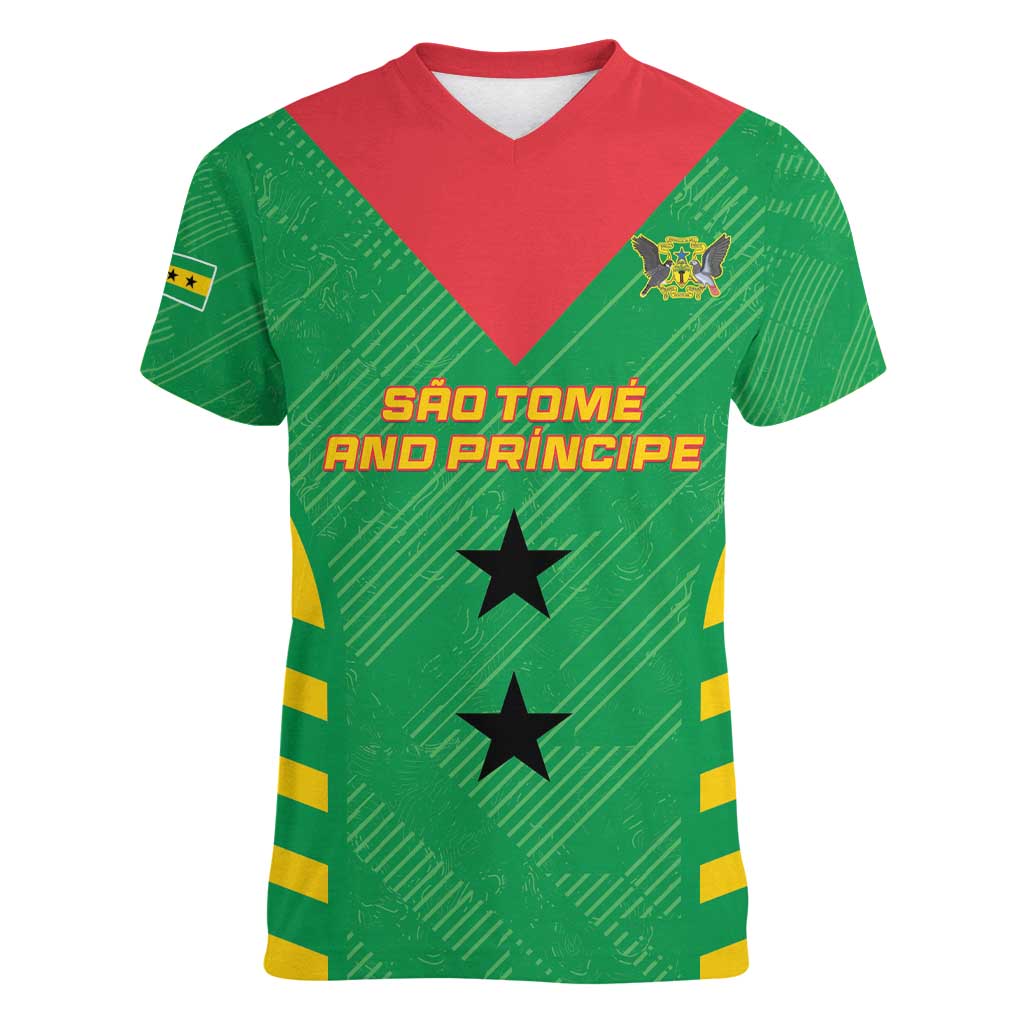 Custom Sao Tome and Principe Football Women V-Neck T-Shirt Go Champions - Green Ver - Wonder Print Shop