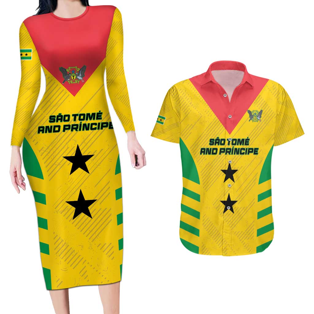 Custom Sao Tome and Principe Football Couples Matching Long Sleeve Bodycon Dress and Hawaiian Shirt Go Champions - Yellow Ver