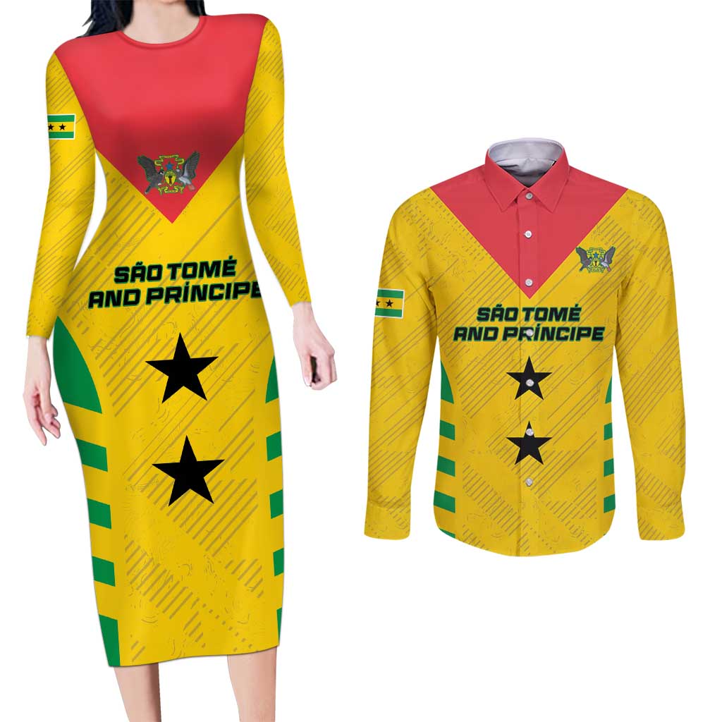 Custom Sao Tome and Principe Football Couples Matching Long Sleeve Bodycon Dress and Long Sleeve Button Shirt Go Champions - Yellow Ver