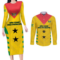 Custom Sao Tome and Principe Football Couples Matching Long Sleeve Bodycon Dress and Long Sleeve Button Shirt Go Champions - Yellow Ver
