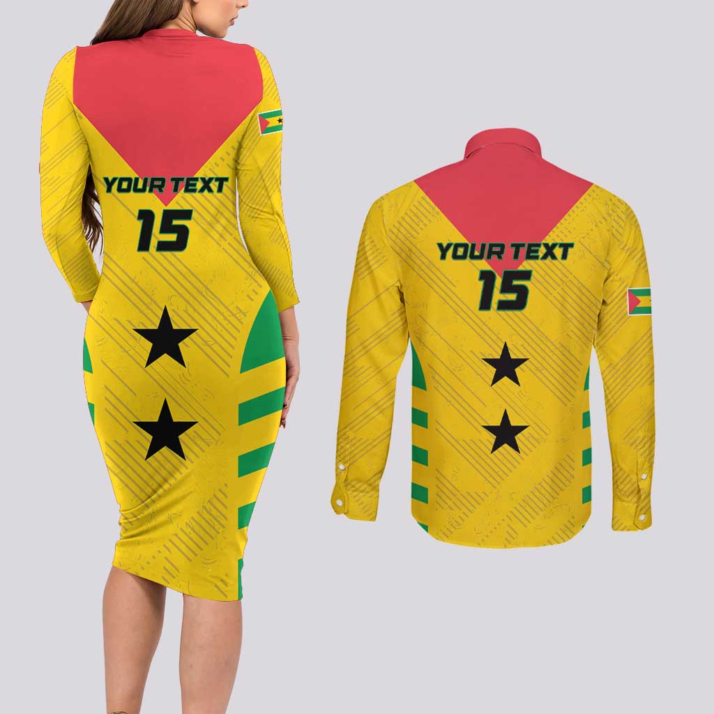 Custom Sao Tome and Principe Football Couples Matching Long Sleeve Bodycon Dress and Long Sleeve Button Shirt Go Champions - Yellow Ver