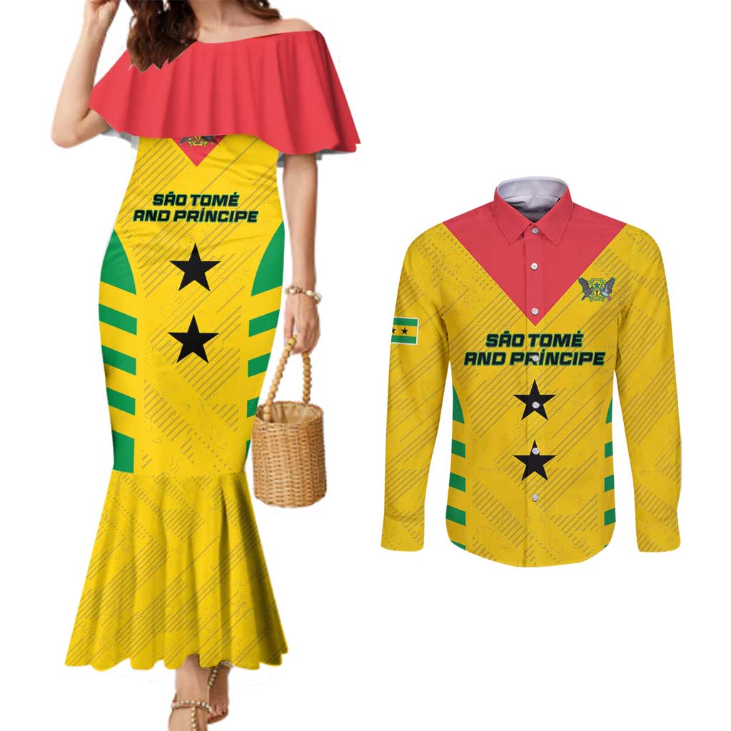 Custom Sao Tome and Principe Football Couples Matching Mermaid Dress and Long Sleeve Button Shirt Go Champions - Yellow Ver