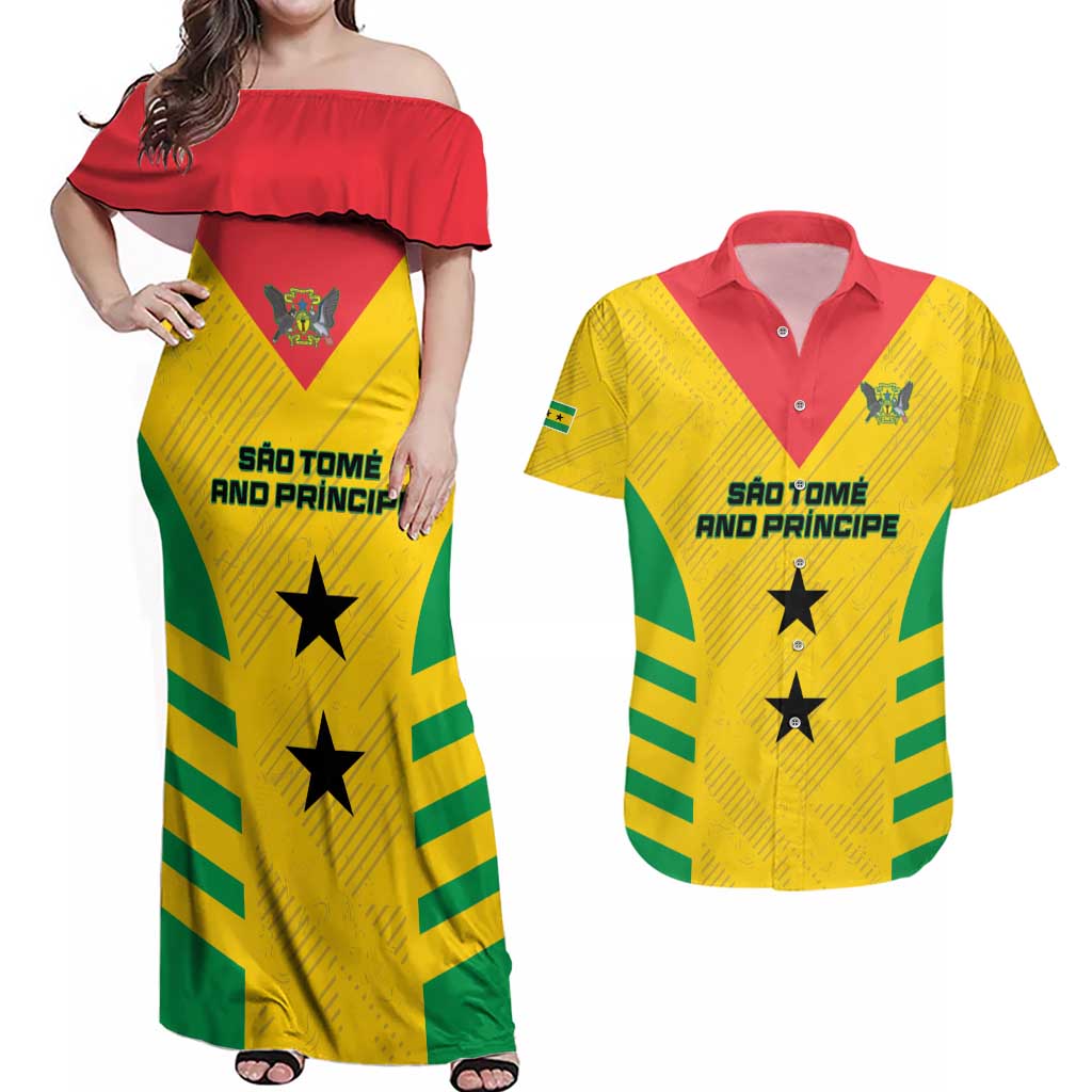 Custom Sao Tome and Principe Football Couples Matching Off Shoulder Maxi Dress and Hawaiian Shirt Go Champions - Yellow Ver