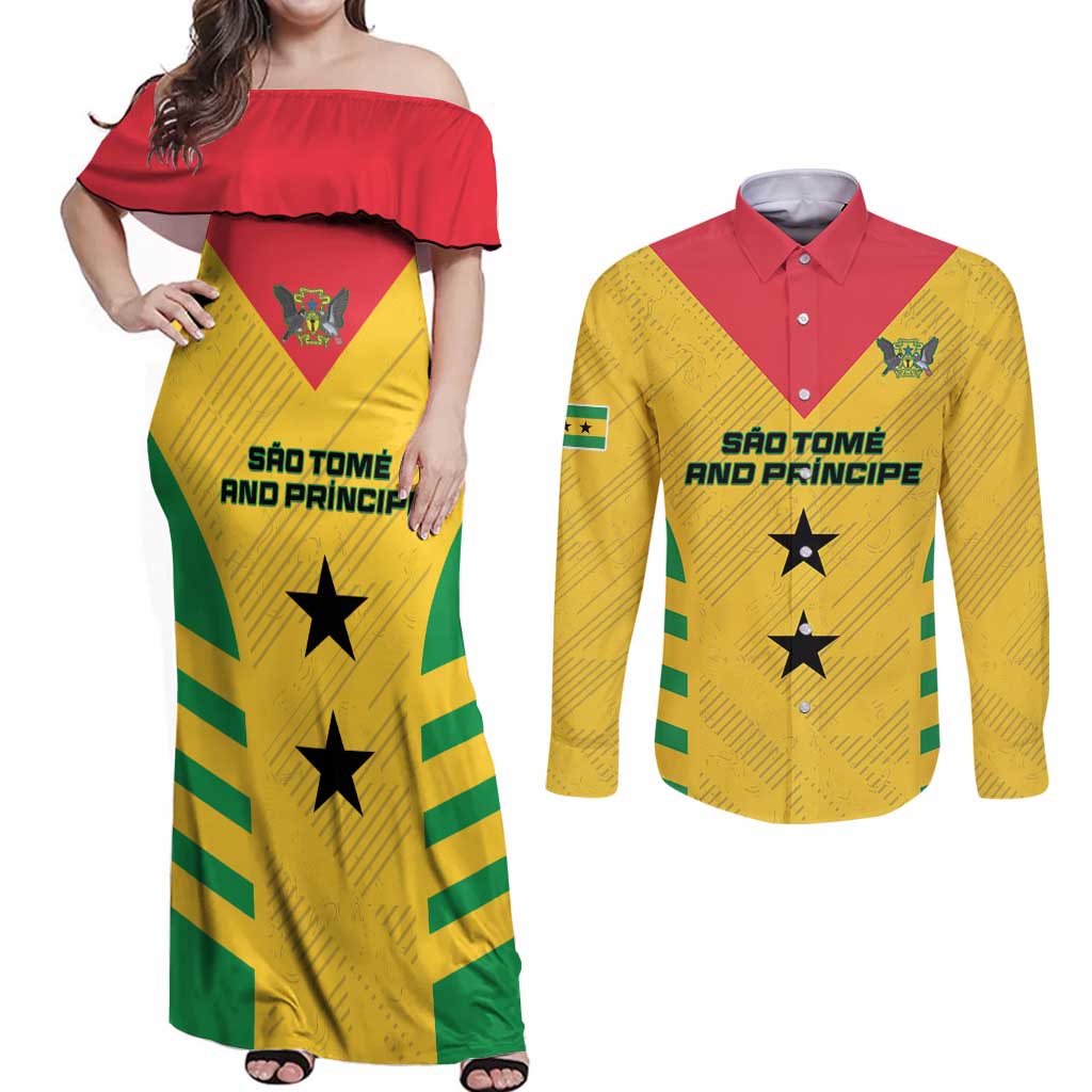 Custom Sao Tome and Principe Football Couples Matching Off Shoulder Maxi Dress and Long Sleeve Button Shirt Go Champions - Yellow Ver