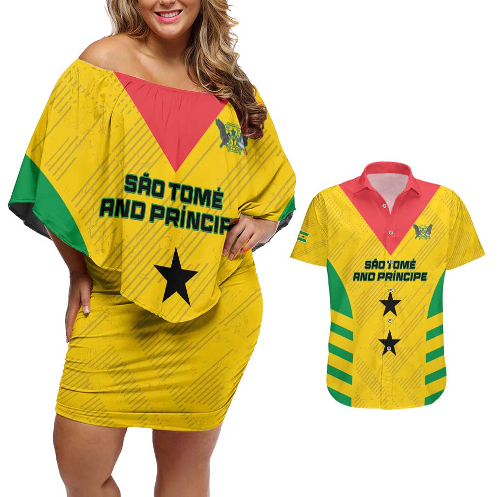 Custom Sao Tome and Principe Football Couples Matching Off Shoulder Short Dress and Hawaiian Shirt Go Champions - Yellow Ver