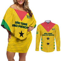 Custom Sao Tome and Principe Football Couples Matching Off Shoulder Short Dress and Long Sleeve Button Shirt Go Champions - Yellow Ver