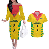 Custom Sao Tome and Principe Football Couples Matching Off The Shoulder Long Sleeve Dress and Hawaiian Shirt Go Champions - Yellow Ver