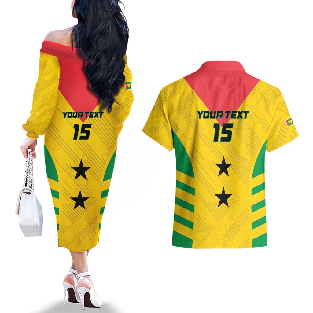 Custom Sao Tome and Principe Football Couples Matching Off The Shoulder Long Sleeve Dress and Hawaiian Shirt Go Champions - Yellow Ver