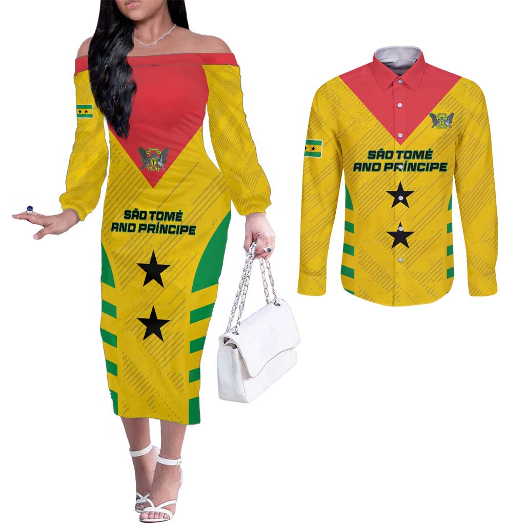 Custom Sao Tome and Principe Football Couples Matching Off The Shoulder Long Sleeve Dress and Long Sleeve Button Shirt Go Champions - Yellow Ver