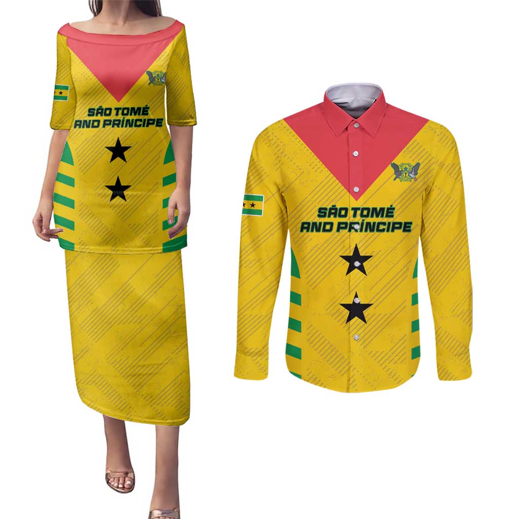 Custom Sao Tome and Principe Football Couples Matching Puletasi and Long Sleeve Button Shirt Go Champions - Yellow Ver