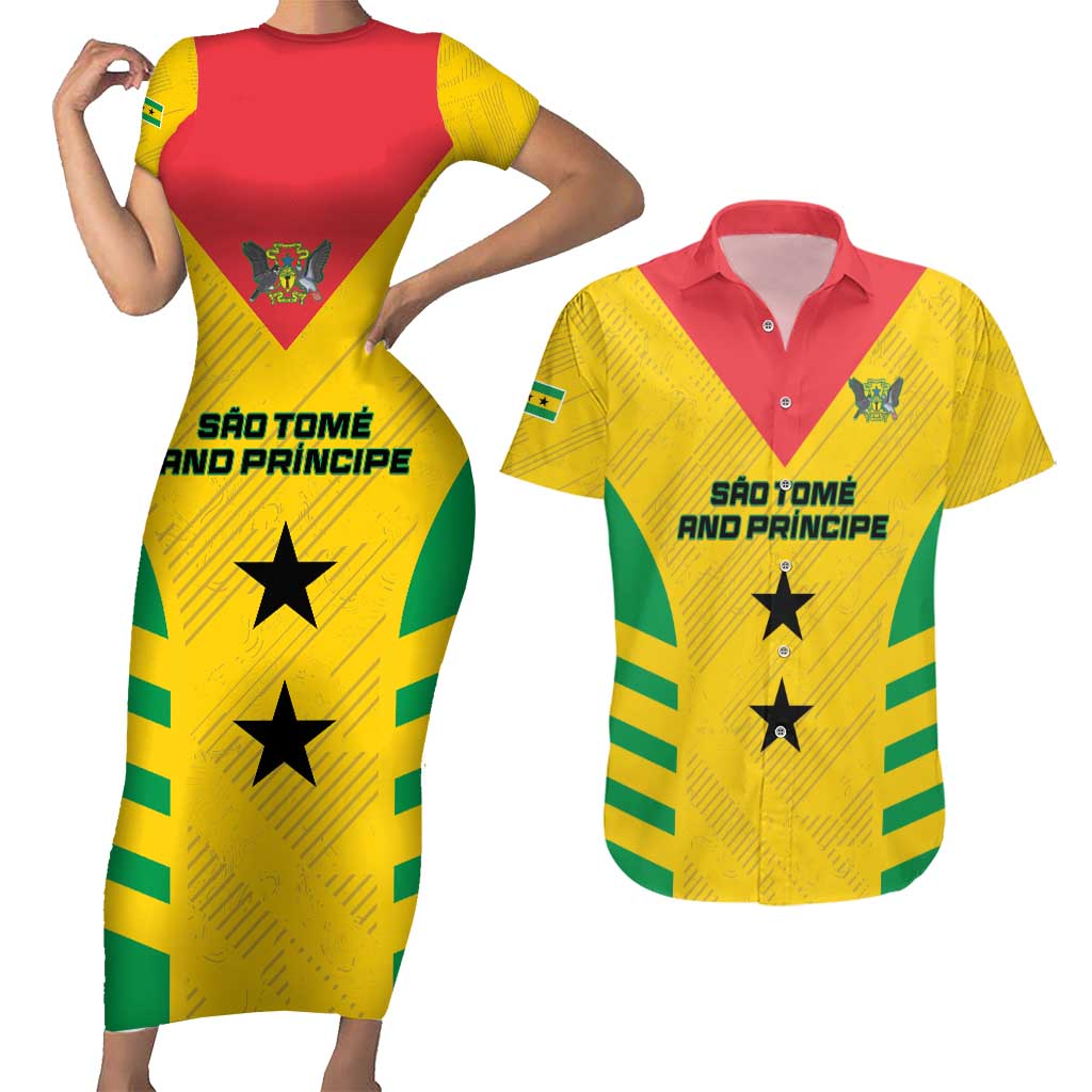 Custom Sao Tome and Principe Football Couples Matching Short Sleeve Bodycon Dress and Hawaiian Shirt Go Champions - Yellow Ver