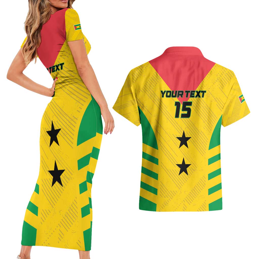 Custom Sao Tome and Principe Football Couples Matching Short Sleeve Bodycon Dress and Hawaiian Shirt Go Champions - Yellow Ver