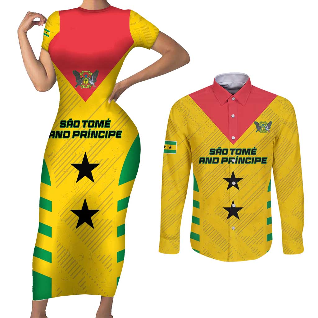 Custom Sao Tome and Principe Football Couples Matching Short Sleeve Bodycon Dress and Long Sleeve Button Shirt Go Champions - Yellow Ver
