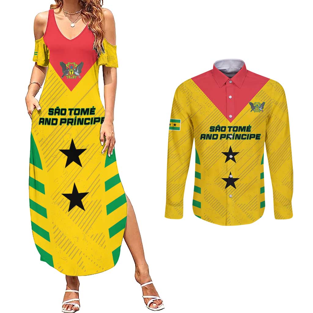 Custom Sao Tome and Principe Football Couples Matching Summer Maxi Dress and Long Sleeve Button Shirt Go Champions - Yellow Ver