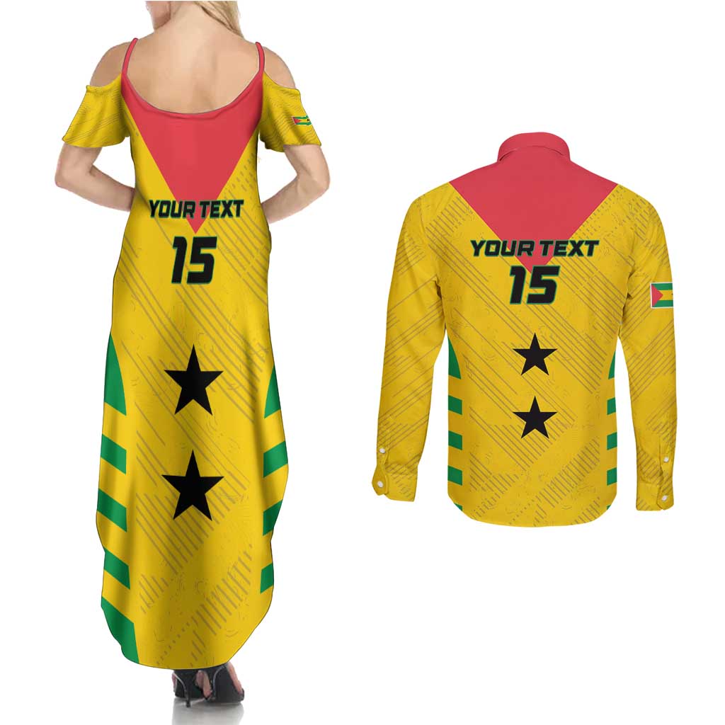 Custom Sao Tome and Principe Football Couples Matching Summer Maxi Dress and Long Sleeve Button Shirt Go Champions - Yellow Ver