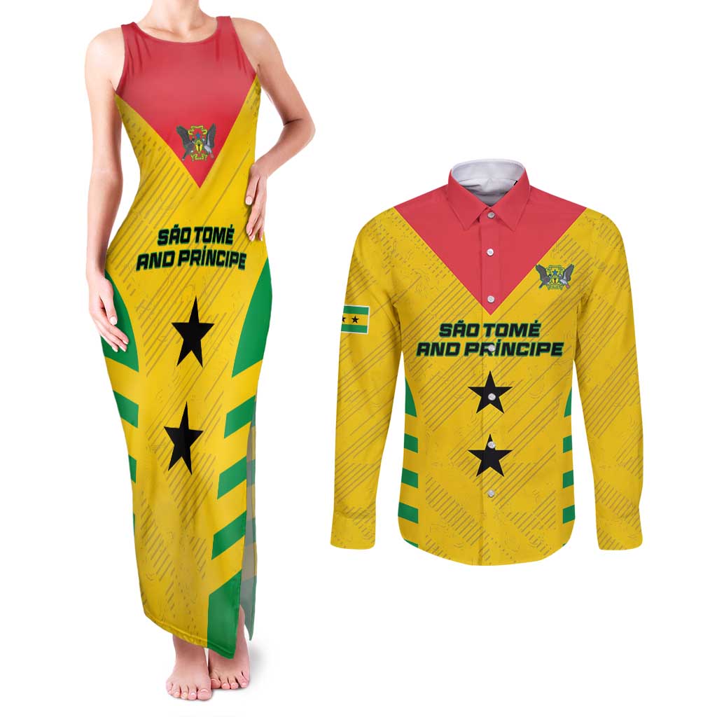 Custom Sao Tome and Principe Football Couples Matching Tank Maxi Dress and Long Sleeve Button Shirt Go Champions - Yellow Ver