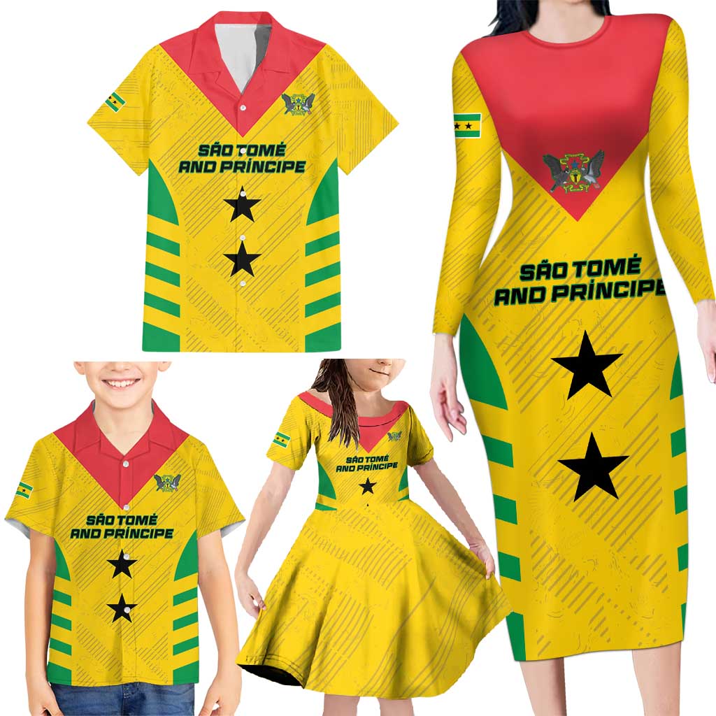 Custom Sao Tome and Principe Football Family Matching Long Sleeve Bodycon Dress and Hawaiian Shirt Go Champions - Yellow Ver - Wonder Print Shop