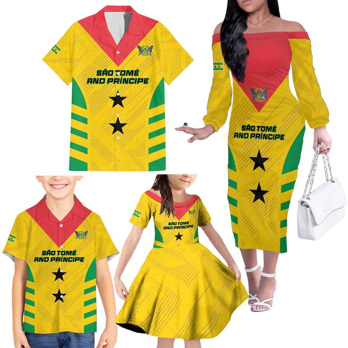 Custom Sao Tome and Principe Football Family Matching Off The Shoulder Long Sleeve Dress and Hawaiian Shirt Go Champions - Yellow Ver