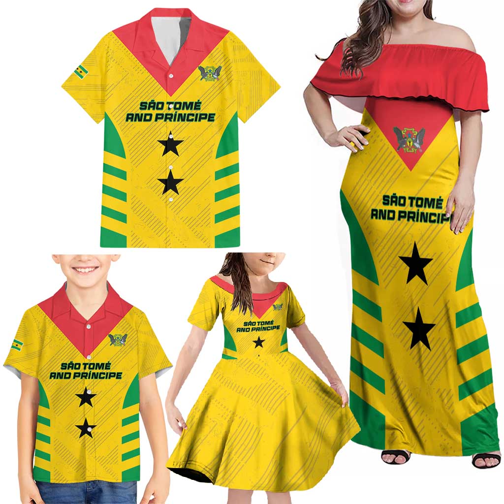 Custom Sao Tome and Principe Football Family Matching Off Shoulder Maxi Dress and Hawaiian Shirt Go Champions - Yellow Ver - Wonder Print Shop