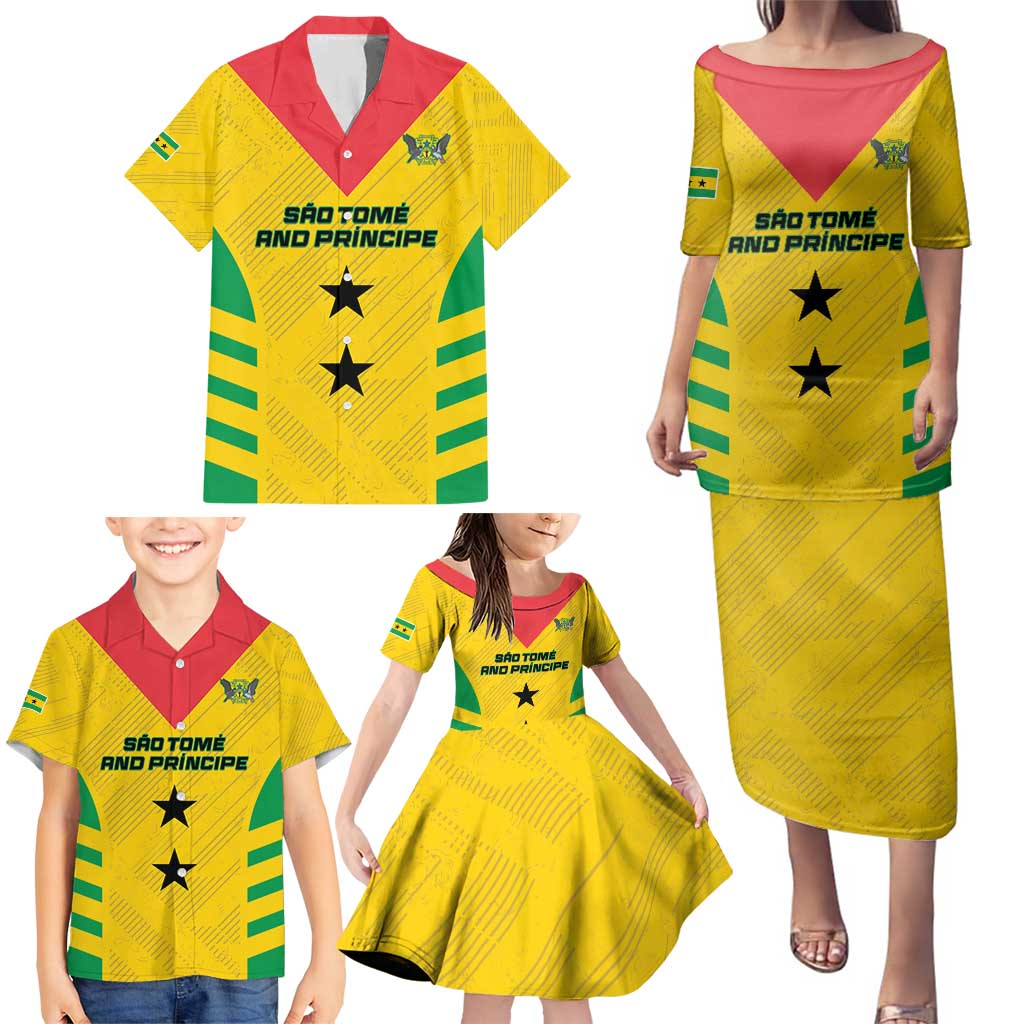 Custom Sao Tome and Principe Football Family Matching Puletasi and Hawaiian Shirt Go Champions - Yellow Ver