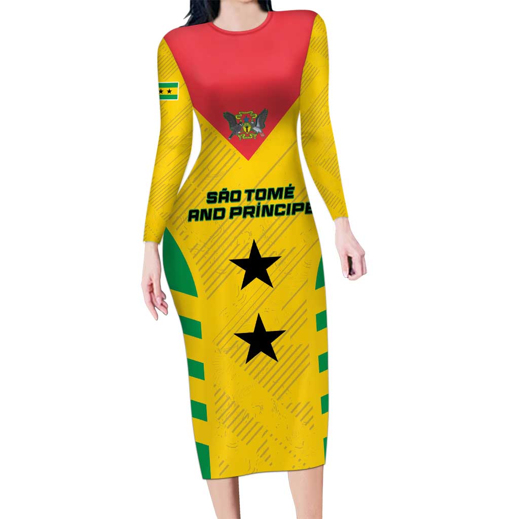 Custom Sao Tome and Principe Football Long Sleeve Bodycon Dress Go Champions - Yellow Ver - Wonder Print Shop