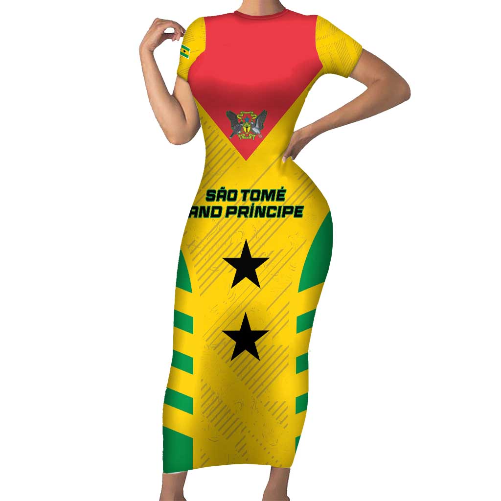 Custom Sao Tome and Principe Football Short Sleeve Bodycon Dress Go Champions - Yellow Ver - Wonder Print Shop