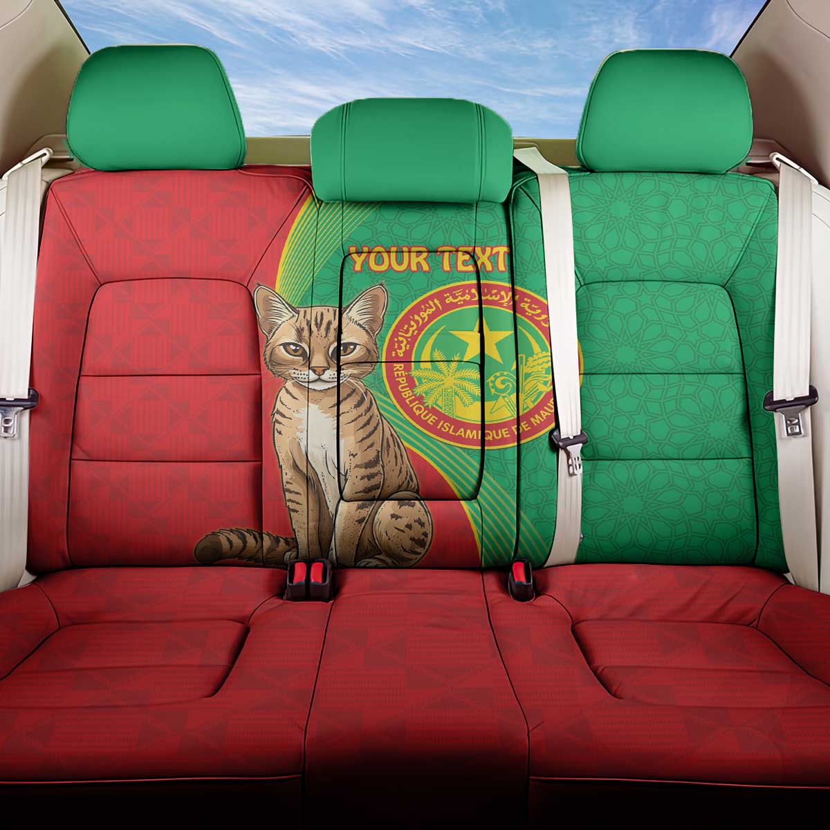 Personalised Mauritania Back Car Seat Cover African Wild Cat With Coat Of Arms - Wonder Print Shop