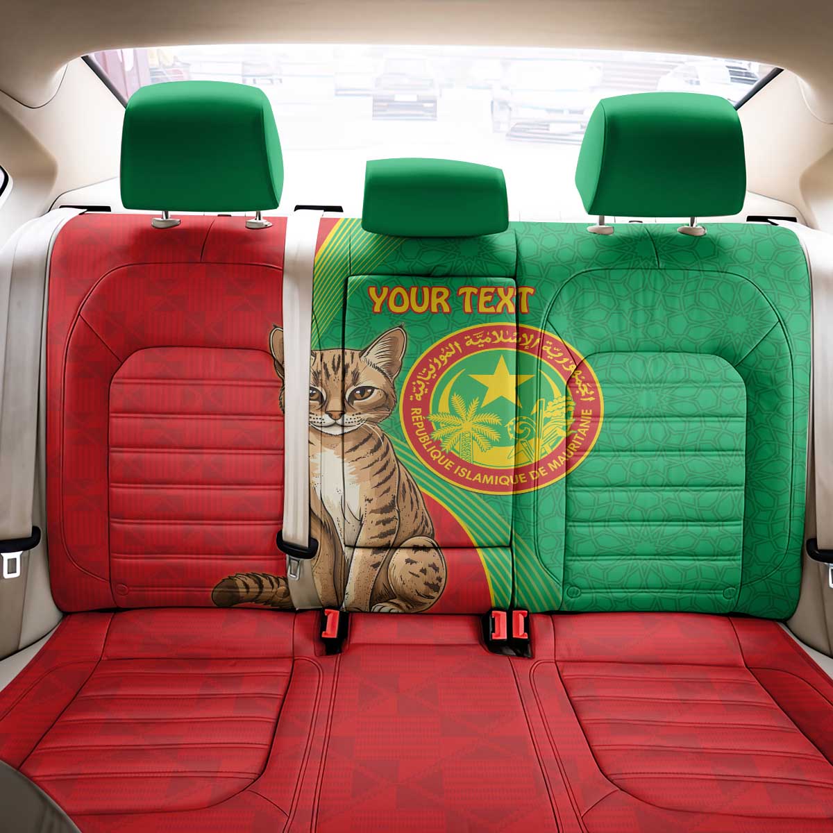 Personalised Mauritania Back Car Seat Cover African Wild Cat With Coat Of Arms - Wonder Print Shop