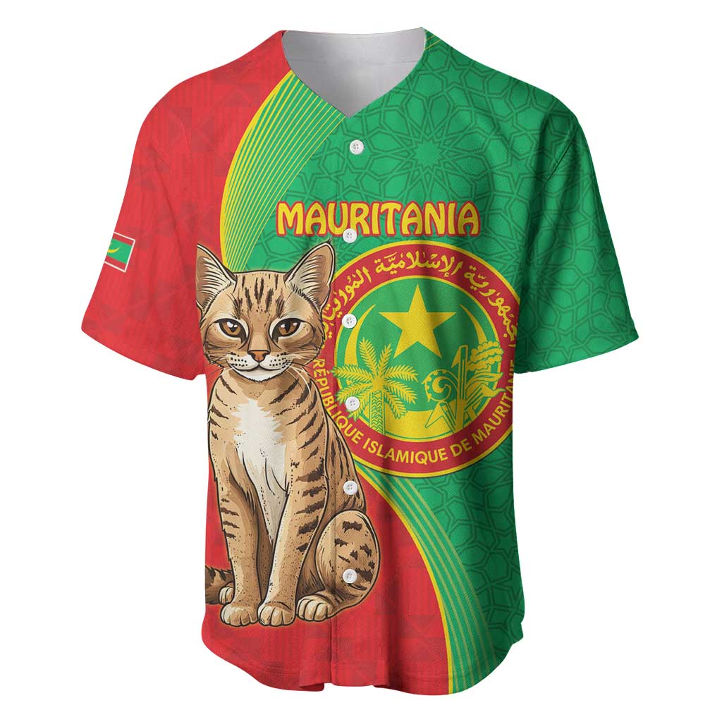 Personalised Mauritania Baseball Jersey African Wild Cat With Coat Of Arms - Wonder Print Shop